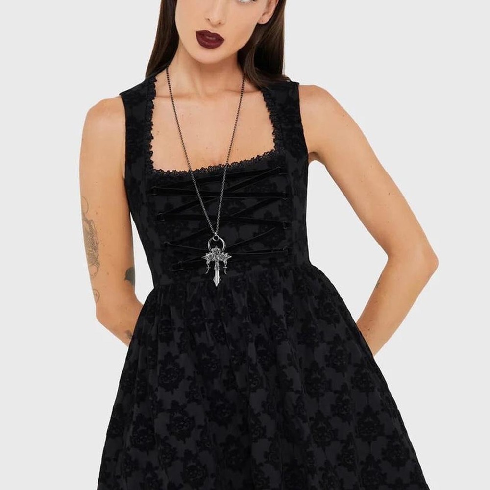 Killstar betzi mini dress black damask patter square neck pinafore